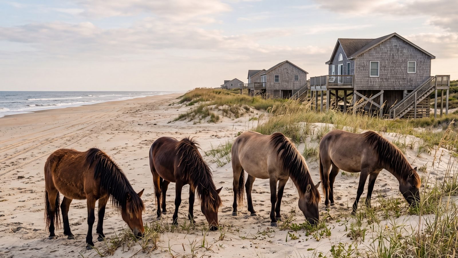Four wild horses grazing on the sand below weathered shingled houses standing in the dunes at Carova