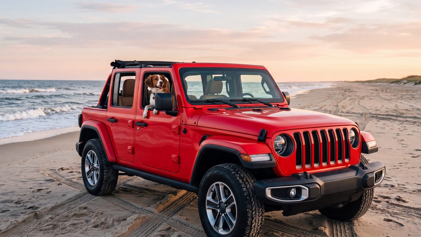 A dog sitting in the front passenger seat of a red Jeep Wrangler parked on the wet sand at the edge of the surf