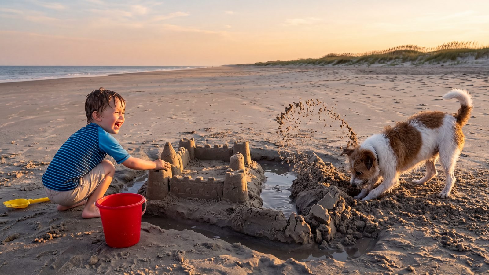A dog standing beside a half-built sandcastle on wet sand with the ocean behind