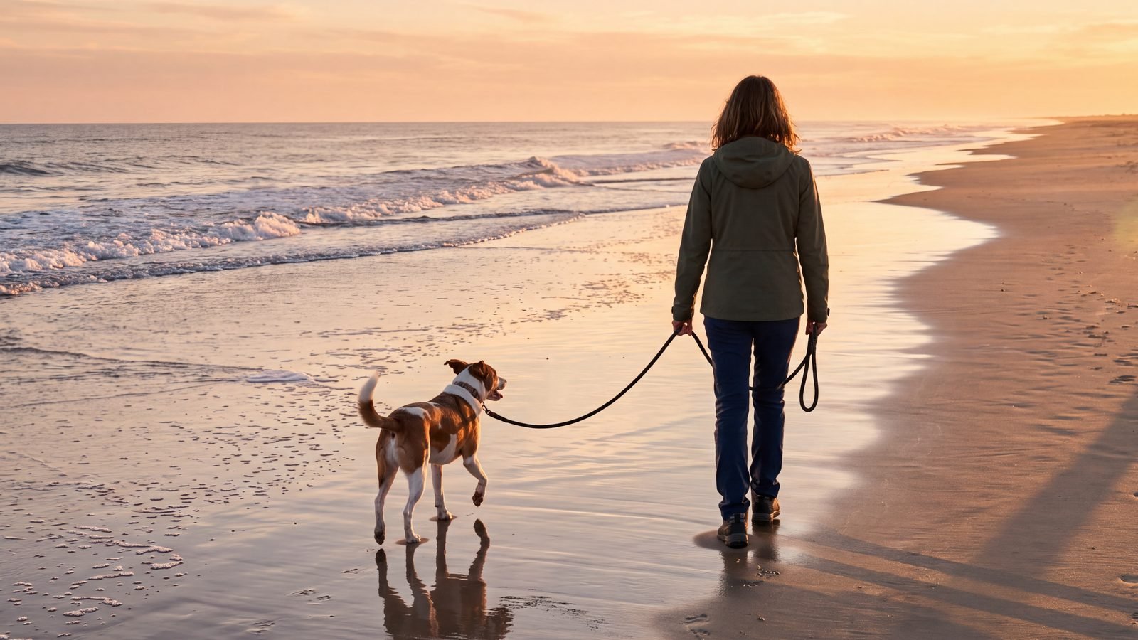 A woman walking a leashed dog along the tide line at sunset on an empty Outer Banks beach